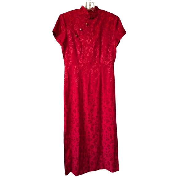 Vintage Asian Elegant Wine Red Maxi Dress 90s Y2k Jacquard Chinese Wedding Sz. 8 - Picture 4 of 13